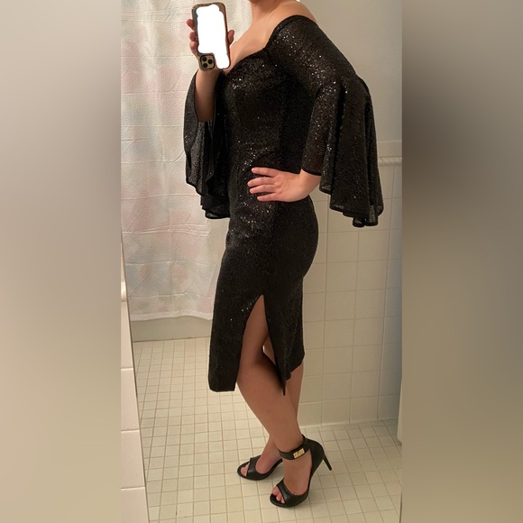 MILLY Sequin Midi Dress w/ Bell Sleeve & Side Slit (SAMPLE SIZE 2/4) - Picture 2 of 10